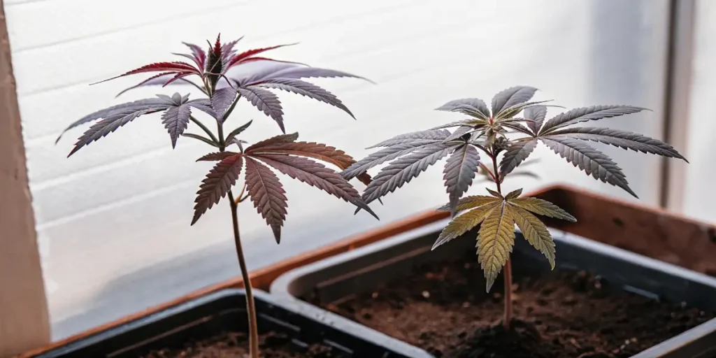 Two young cannabis plants with purple and reddish hues growing indoors near a bright window.
