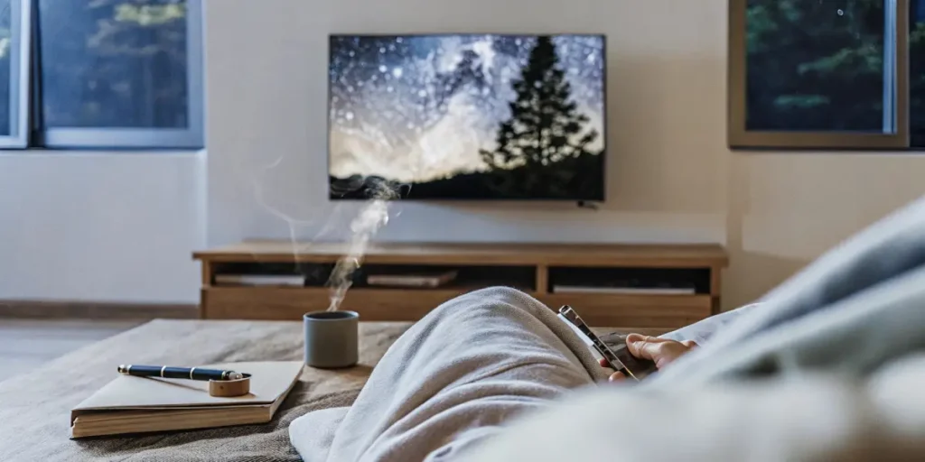 Person relaxing with a vape and coffee on a sofa, watching a starry night scene on TV.