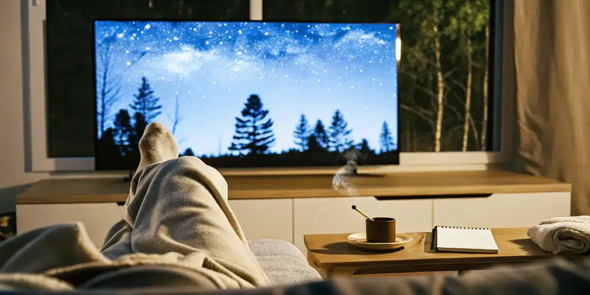 Person relaxing in cozy clothes, watching a starry night sky on a large TV in a dim living room.