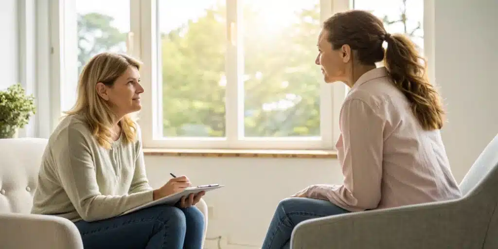 Counselor and client reviewing a sample treatment plan for cannabis use disorder in a calm, supportive setting.