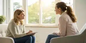 Counselor and client reviewing a sample treatment plan for cannabis use disorder in a calm, supportive setting.