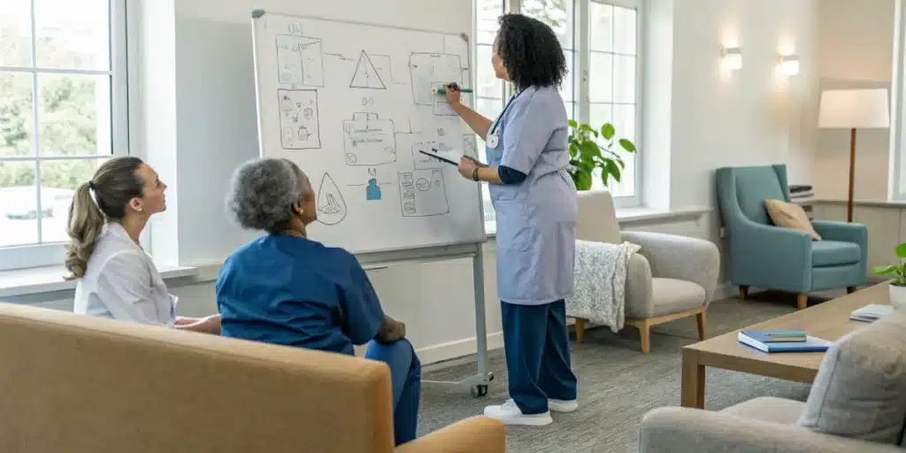 Team meeting with a whiteboard illustrating a sample treatment plan for cannabis use disorder in a collaborative environment.