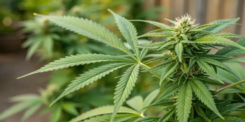 Vibrant cannabis plant with light green leaves and a developing bud topped with white pistils, growing in a garden with blurred greenery in the background.