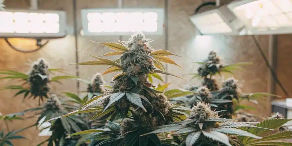 Outdoor-grown Strawberry Banana cannabis strain with dark leaves and dense, trichome-covered buds.