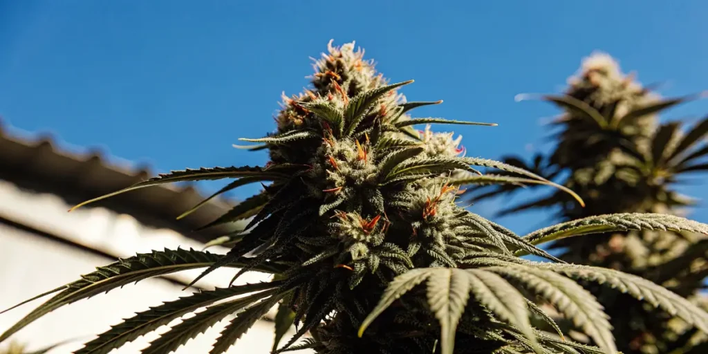 Close-up of Strawberry Cheese Auto cannabis bud with visible trichomes and vibrant orange hairs.