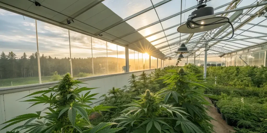 state-of-the-art cannabis greenhouse at sunset with healthy plants