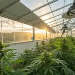 state-of-the-art cannabis greenhouse at sunset with healthy plants