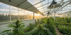 state-of-the-art cannabis greenhouse at sunset with healthy plants