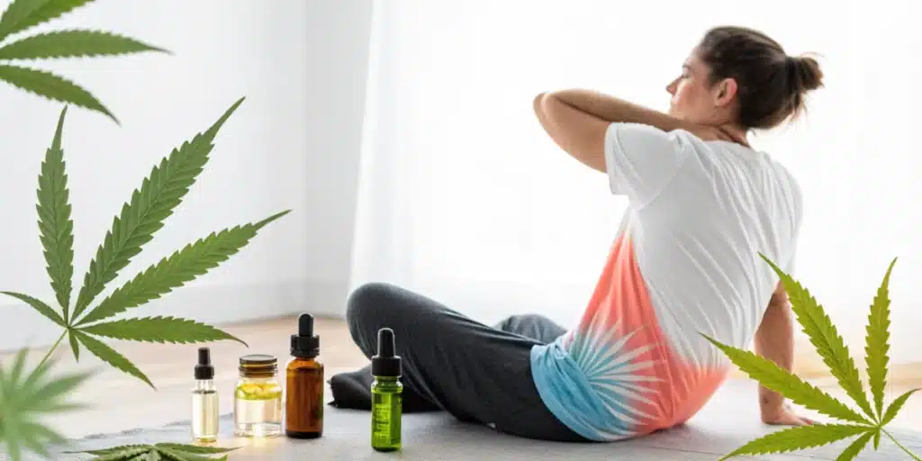 Person stretching indoors with various cannabis oil bottles nearby, emphasizing cannabis-based treatments for muscle spasms