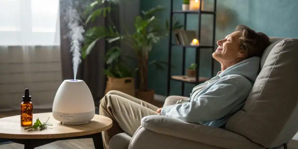 Person relaxing in a recliner with eyes closed, as an aroma diffuser emits mist on a side table with a dropper bottle, and a blurred plant and candles in the background.