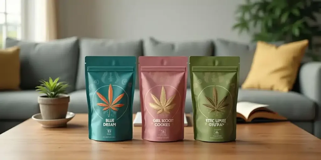 Three cannabis strain pouches labeled Blue Dream, Girl Scout Cookies, and hybrid