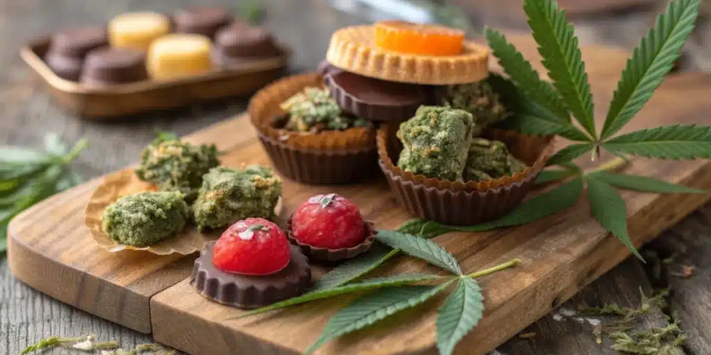 Assorted cannabis edibles including cookies, chocolates, and gummies on a wooden board with cannabis leaves
