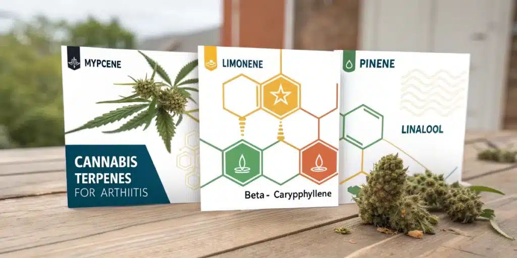 Cannabis terpene cards for myrcene, limonene, and pinene, placed on a wooden surface alongside cannabis buds, promoting therapeutic benefits for arthritis.