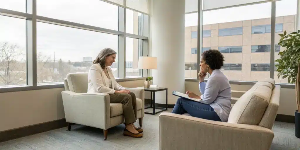 Modern clinic scene representing treatment for cannabis induced psychosis with compassionate care.
