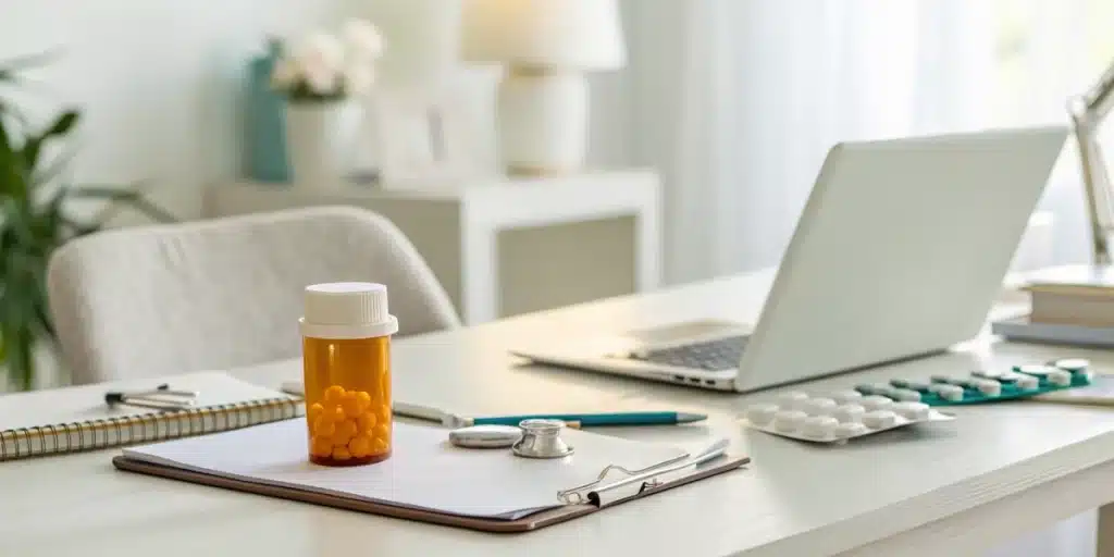 Close-up of prescription and therapy tools symbolizing treatment for cannabis induced psychosis in a supportive setting.