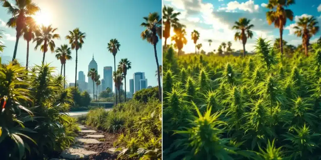 Urban cannabis farm surrounded by palm trees with city skyline in the background