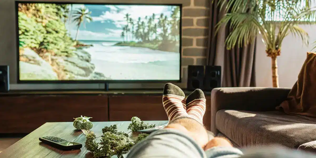 Person with striped socks watching TV, cannabis buds and remote on table in sunny living room.