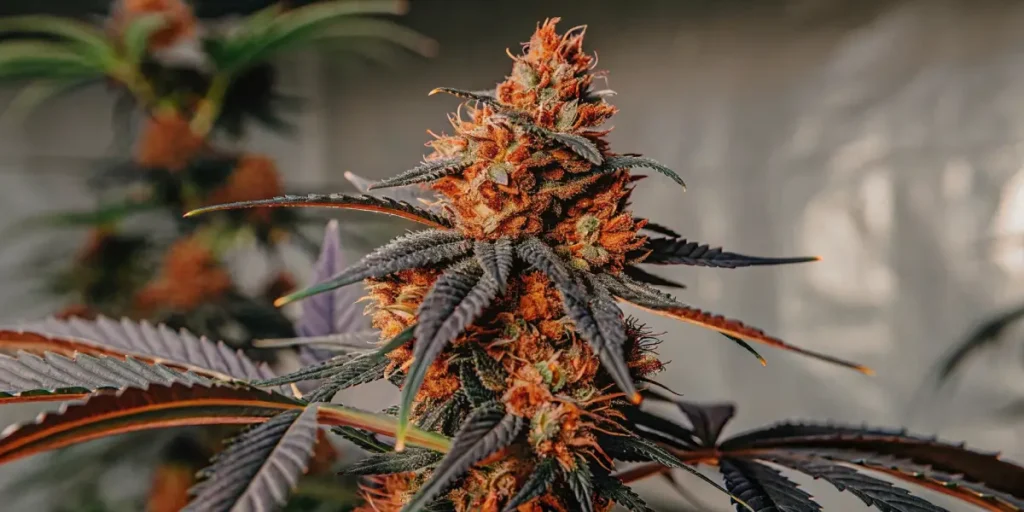 Cannabis buds hanging to dry and cure in a controlled drying room with jars on a table.
