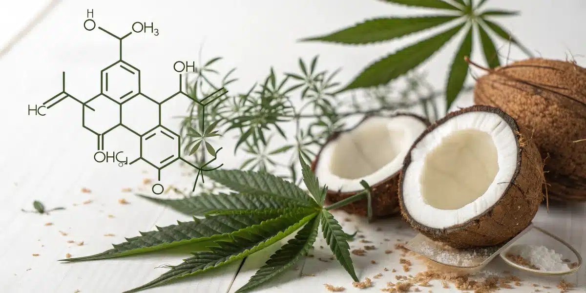 Fresh coconuts and cannabis leaves arranged for use in creating weed-infused coconut oil.