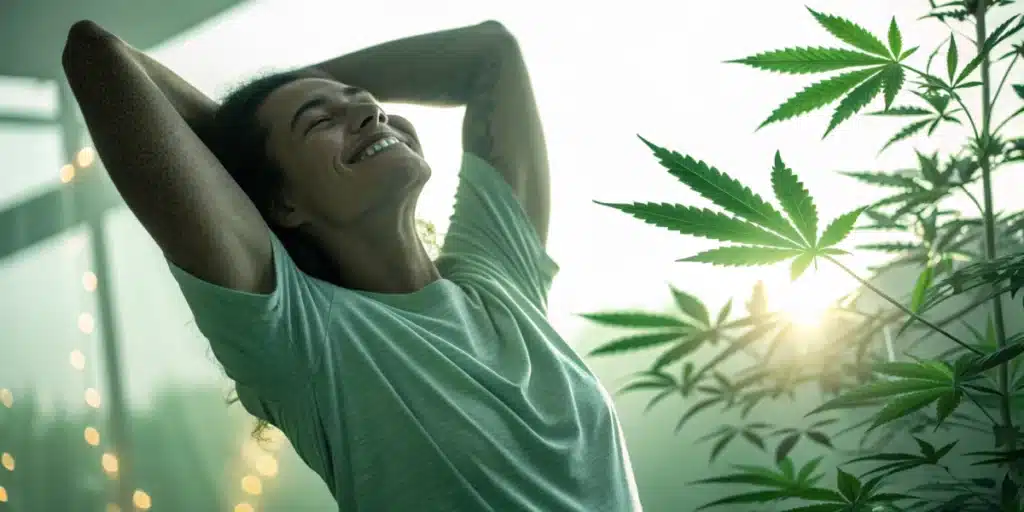 Smiling person stretching near cannabis plants with sunlight shining through, representing weed's potential to ease muscle spasms