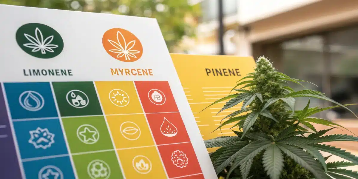 Cannabis plant beside terpene charts highlighting limonene, myrcene, and pinene, with icons symbolizing flavor and effects