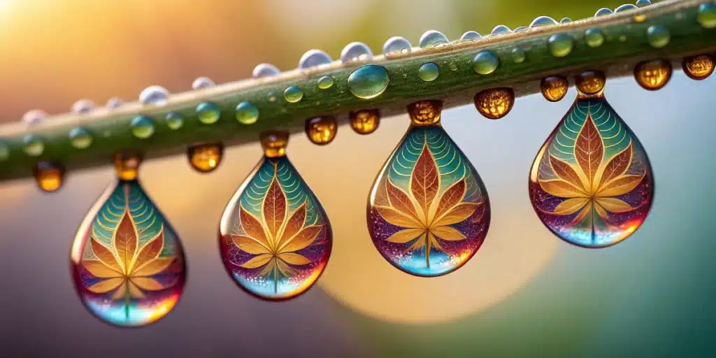 Dew drops hanging on a plant stem reflecting vibrant cannabis leaf patterns, symbolizing terpene potency and diversity.