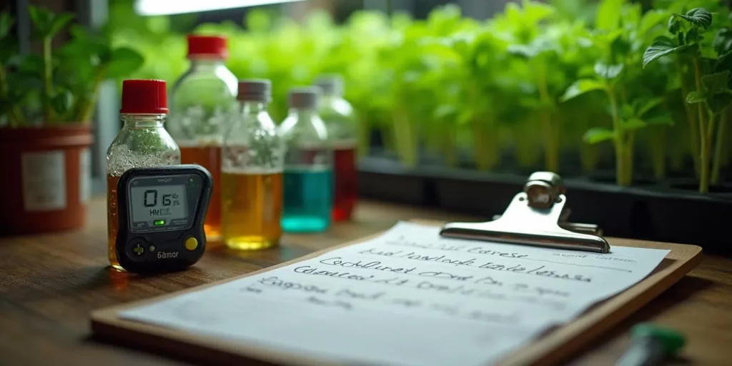 Close-up of nutrient bottles, a digital meter, and seedlings in a hydroponic setup using the best deep water culture system.