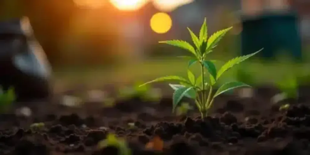 cannabis seedling in soil at sunset in outdoor garden