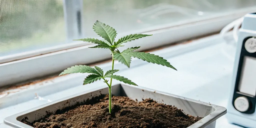 A single cannabis seedling growing in a square pot by a window with soft natural light.