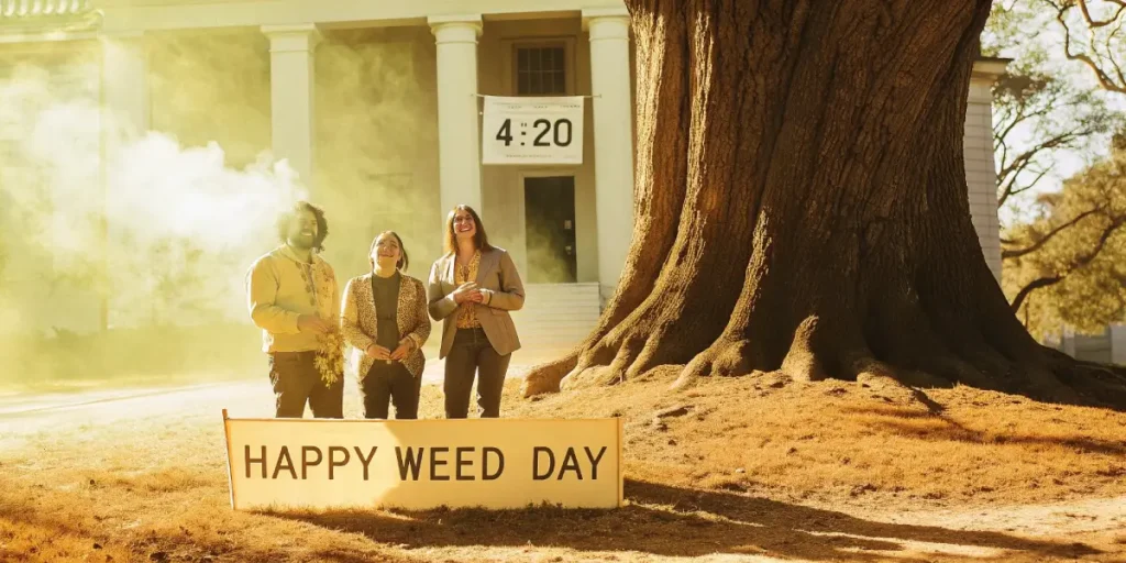 420 weed day celebration with people standing next to a happy weed day banner under a large tree