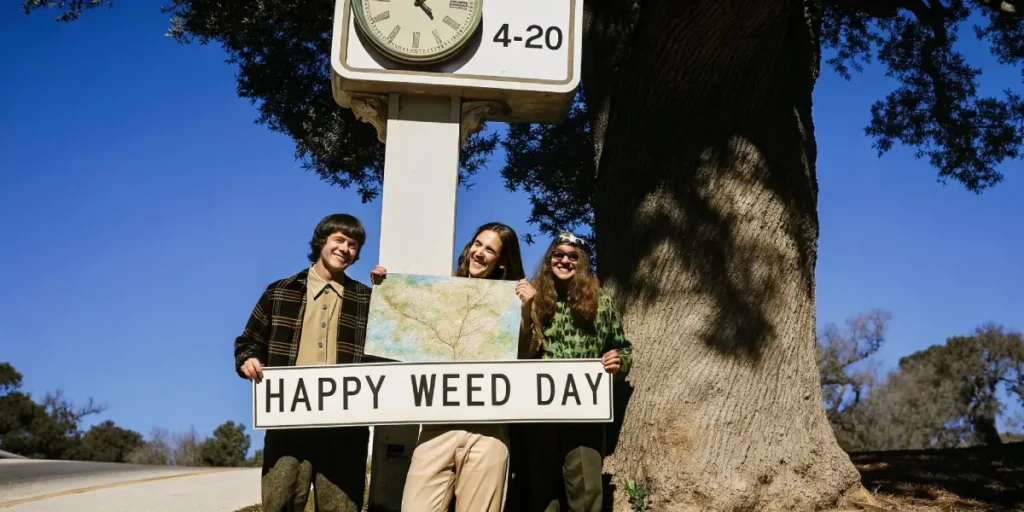 group of friends celebrating 420 weed day holding a happy weed day sign and a map under a 4:20 clock