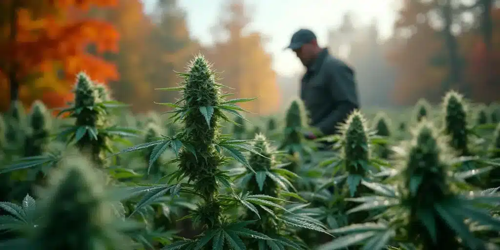 A Northeast outdoor cannabis farm in the fall season with vibrant foliage.