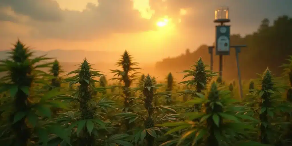 A Virginia cannabis field during the flowering stage with an environmental monitoring device.