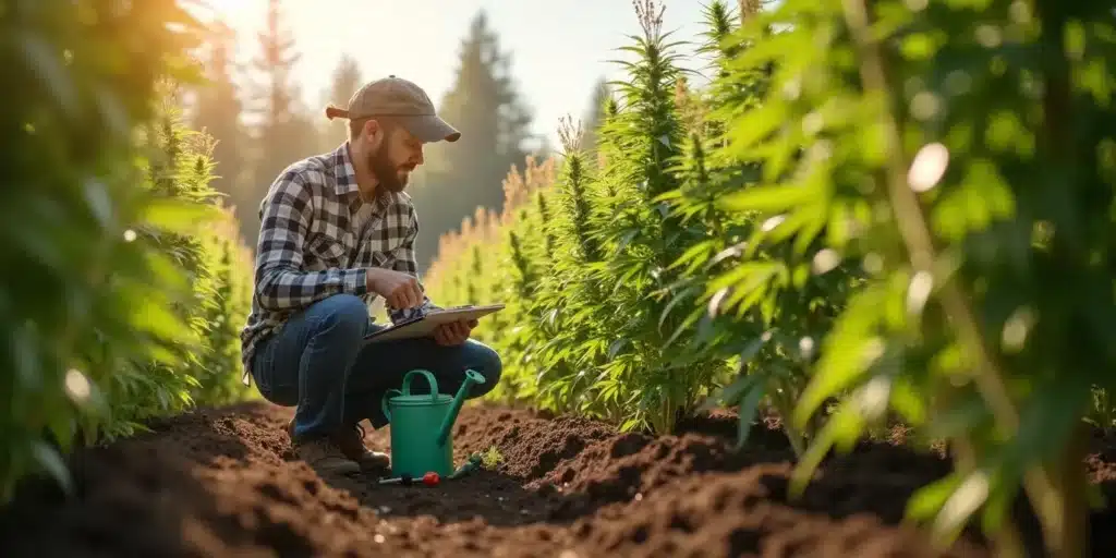 A cannabis farmer checking plants in an outdoor field in Oregon. When does flowering start outdoor in Oregon? Outdoor cannabis flowering usually starts between late July and early August as daylight hours shorten.