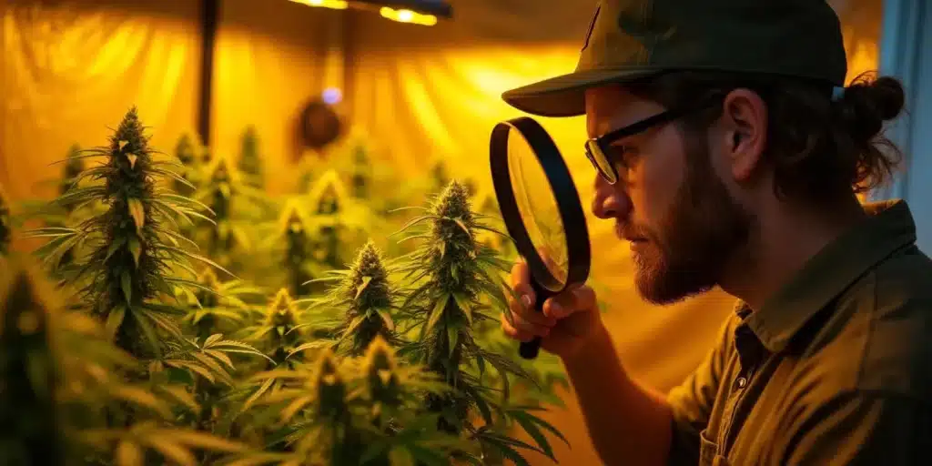 A cannabis grower examining flowering plants under artificial lights. Using a Grow Calendar helps monitor trichome development and determine the best time for harvest.