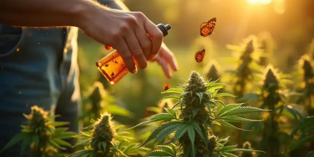 A cannabis plant being sprayed with organic nutrients in an outdoor farm in Virginia.