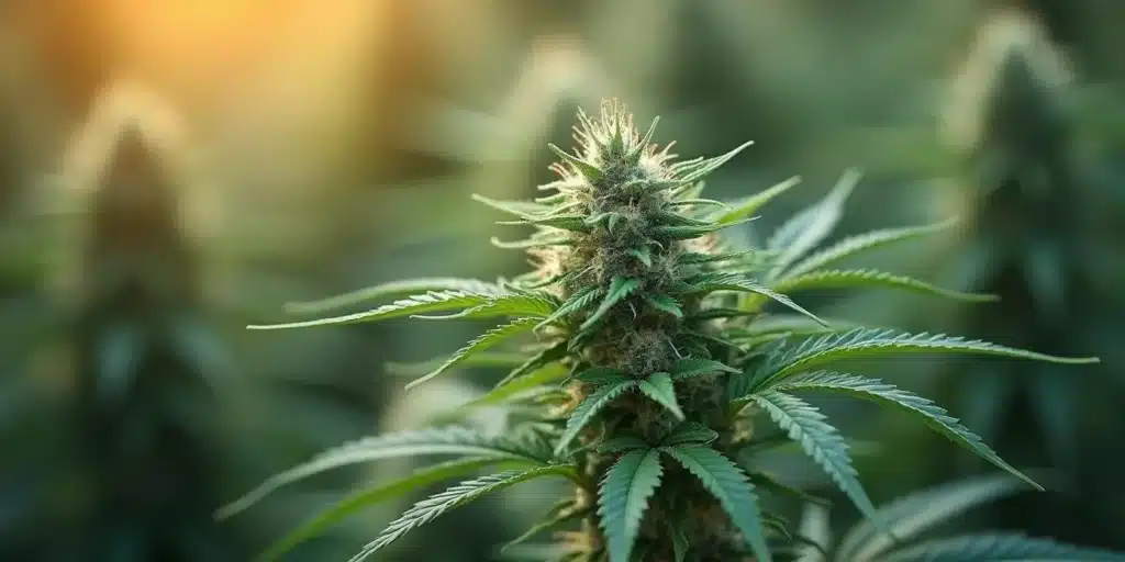 A cannabis plant in full bloom, benefiting from organic fertilizers that enhance bud density and resin production.