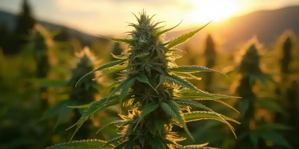 A close-up of a flowering cannabis plant in an Oregon outdoor farm. When does flowering start outdoor in Oregon? The transition to flowering begins naturally as daylight decreases in late summer, typically around late July or early August.