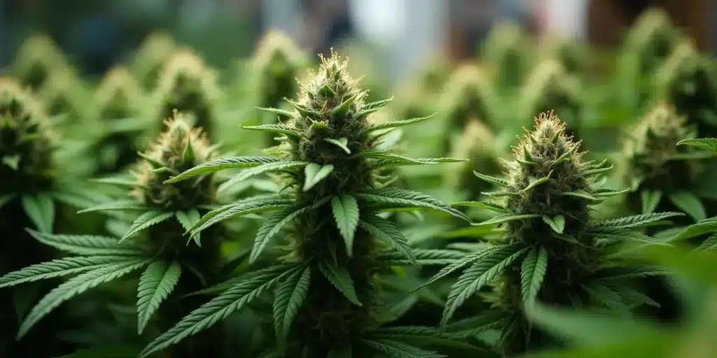 Close-up of healthy, short cannabis plants with dense, frosty buds.