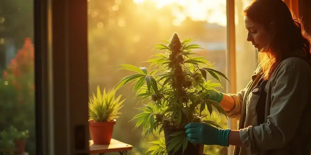 Female cultivator in gloves checking a thriving cannabis plant in a pot near a window, bathed in warm sunset light.