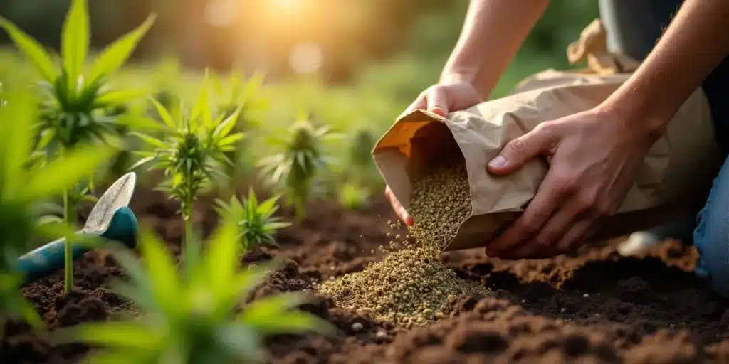 A farmer applying organic granular fertilizer to young cannabis plants, ensuring robust growth and nutrient-rich soil.