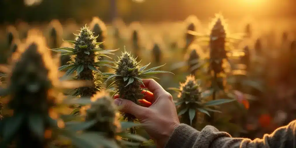A farmer inspecting a flowering cannabis bud in an outdoor Virginia farm.