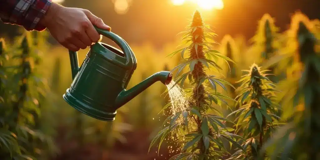 A farmer watering cannabis plants with nutrient-rich fertilizer, enhancing plant health and promoting dense bud formation.