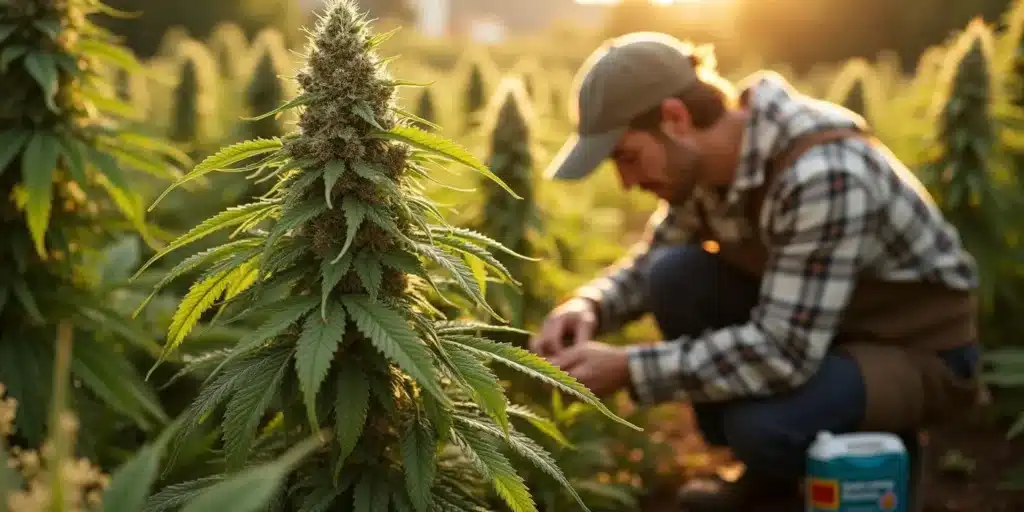 Farmer examining a marijuana plant in a field, looking for signs of plant health issues.
