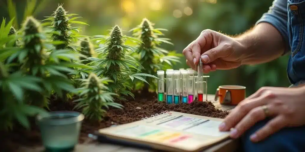 A grower testing soil nutrient levels to optimize cannabis plant health and maximize outdoor harvest potential.