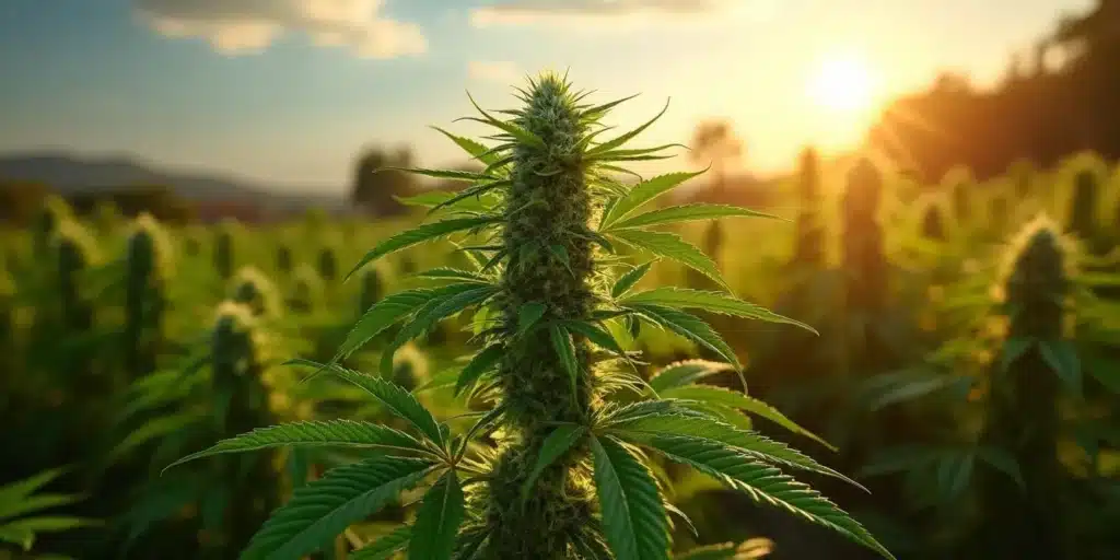A healthy marijuana plant in full bloom under California's summer sunlight.