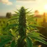 A healthy marijuana plant in full bloom under California's summer sunlight.