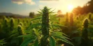 A healthy marijuana plant in full bloom under California's summer sunlight.