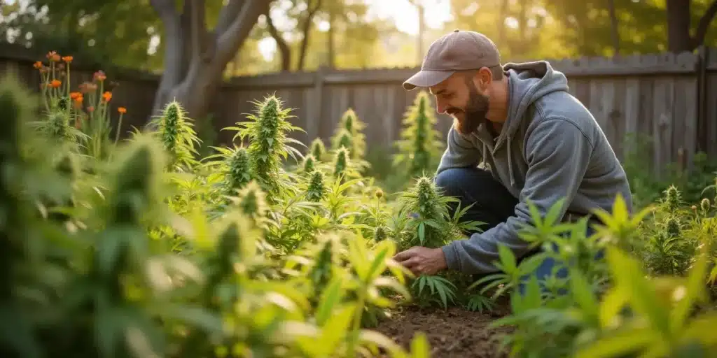 Cannabis plants after 1 month growing outdoors in a home garden.