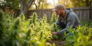 Cannabis plants after 1 month growing outdoors in a home garden.
